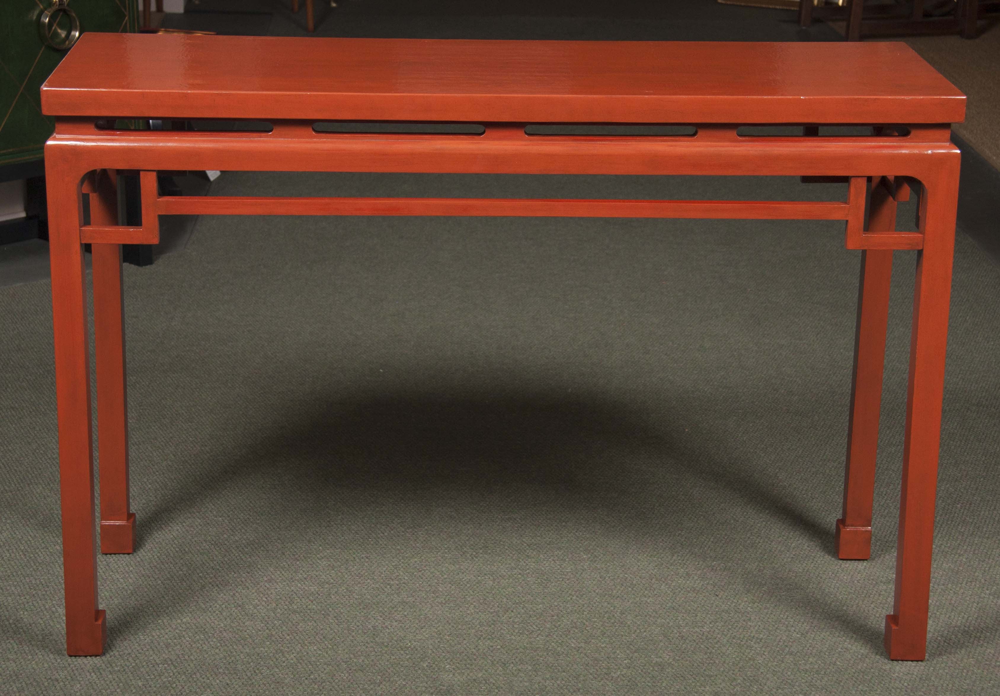 Pair of Red Lacquered Chinese Console Tables