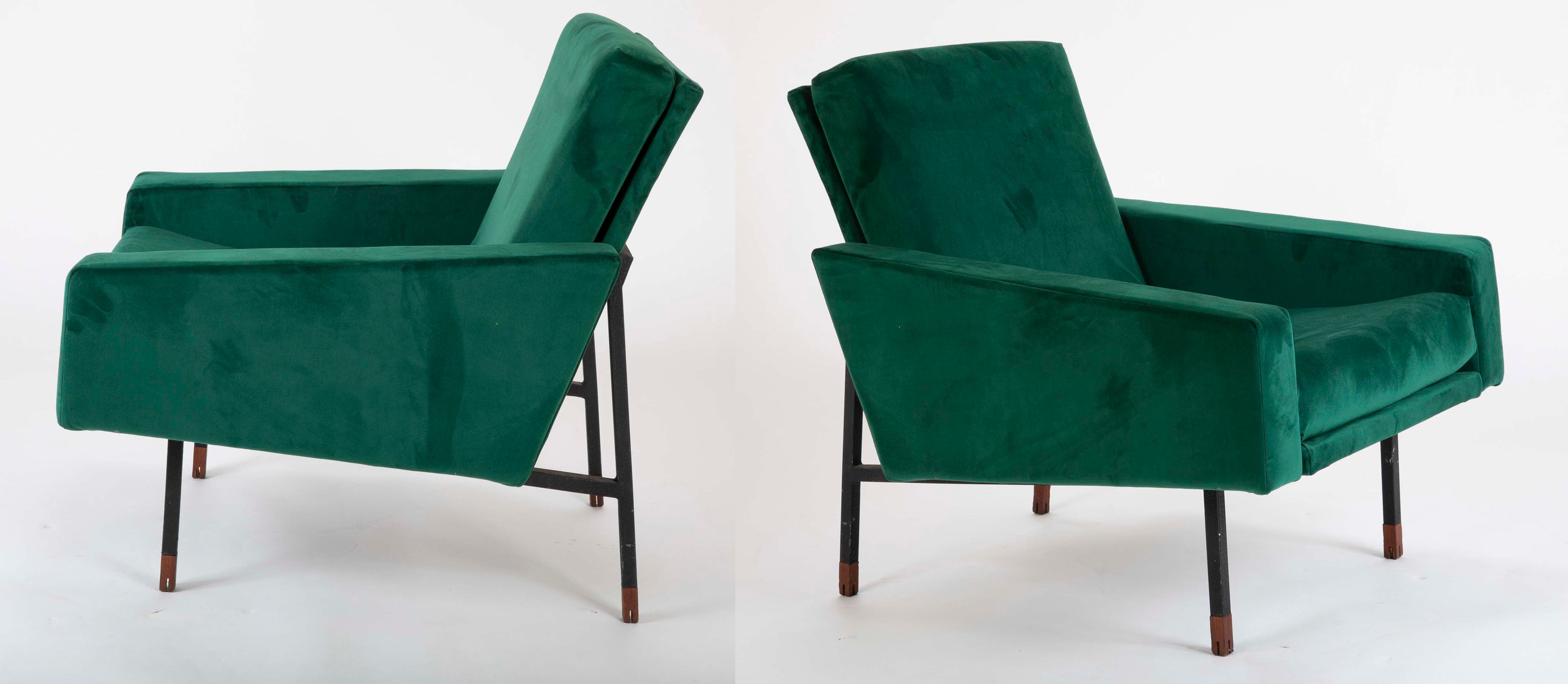 Pair of Upholstered Italian Mid-Century Armchairs with Walnut Tipped Legs