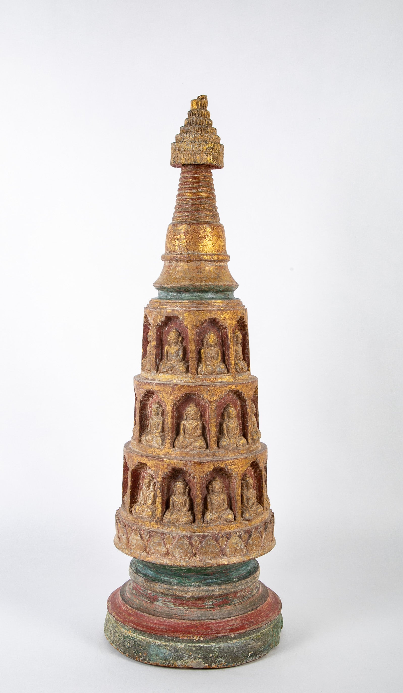 19th Burmese Carved and Giltwood Stupa with Buddhas in Niches