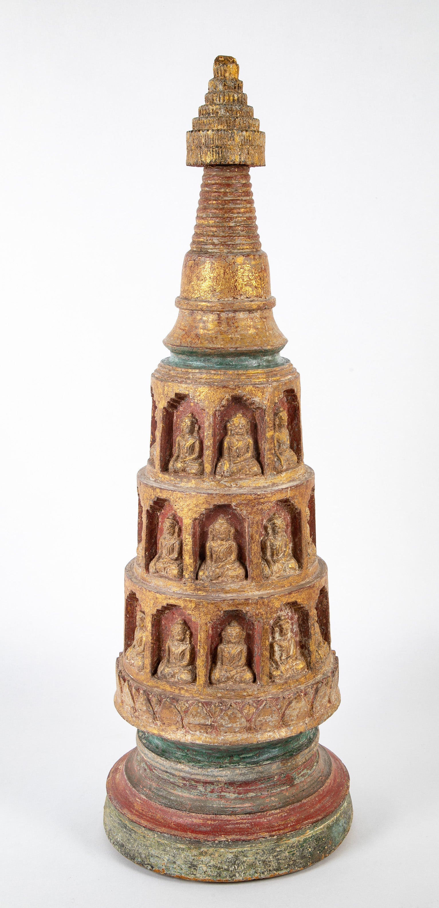 19th Burmese Carved and Giltwood Stupa with Buddhas in Niches
