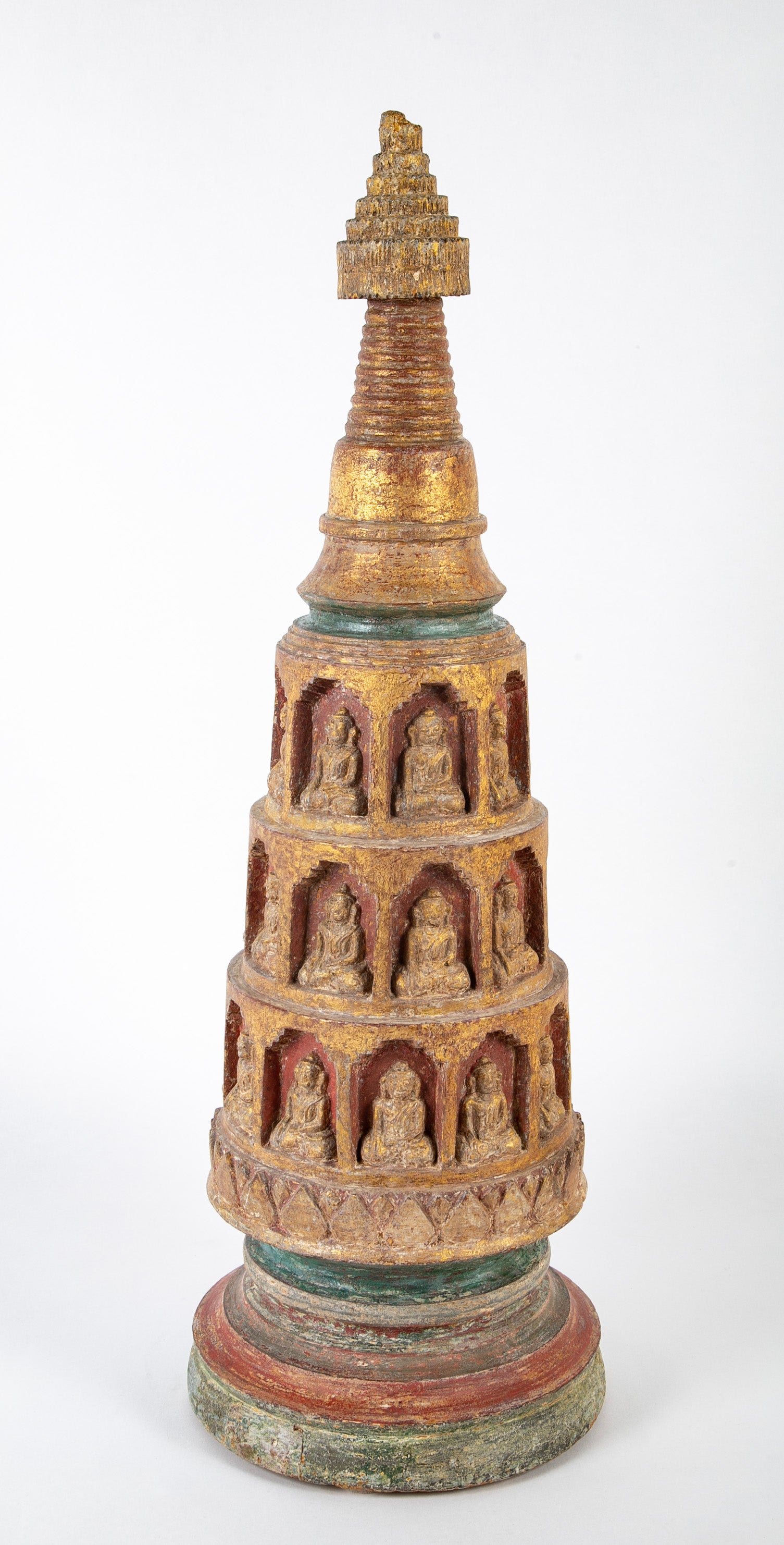 19th Burmese Carved and Giltwood Stupa with Buddhas in Niches