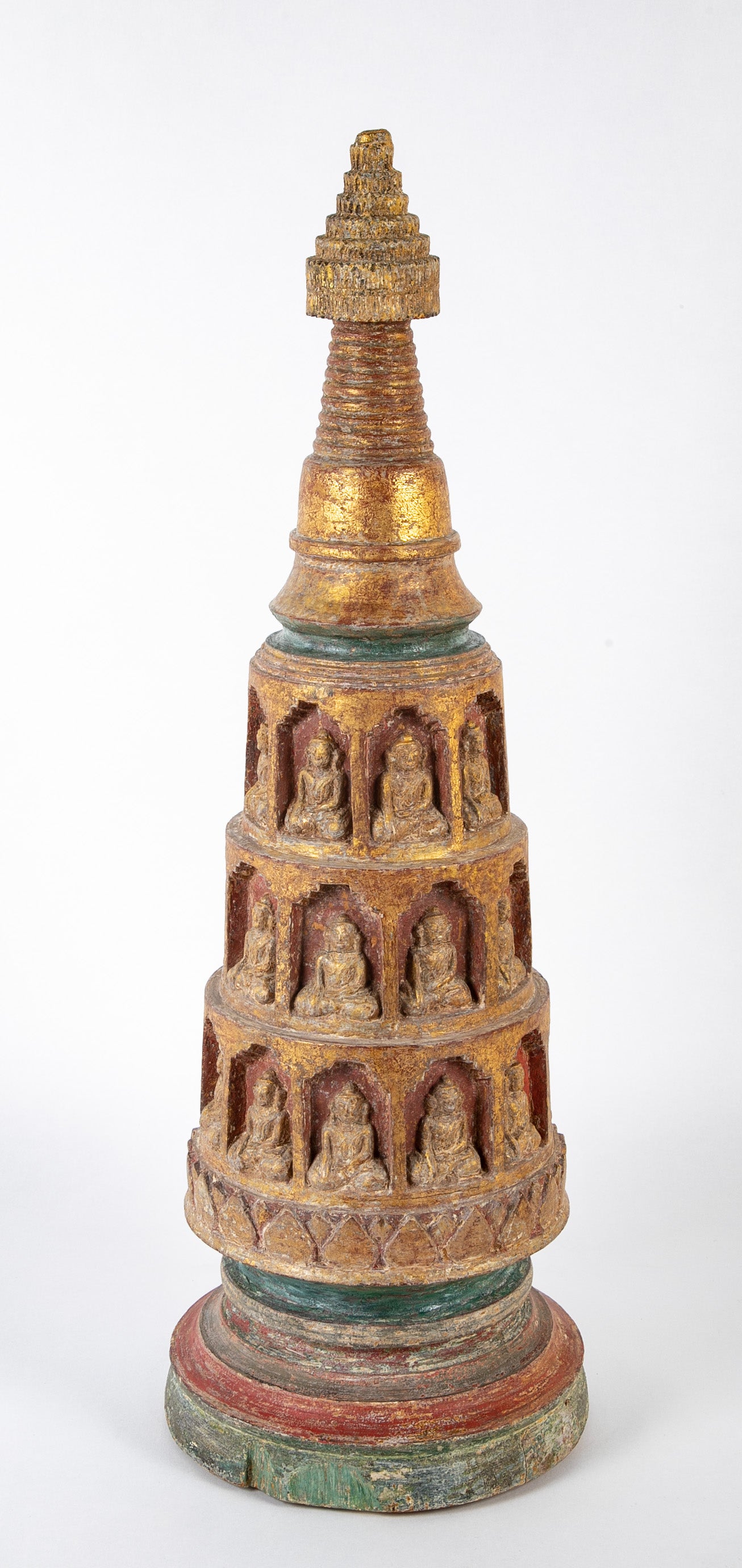 19th Burmese Carved and Giltwood Stupa with Buddhas in Niches