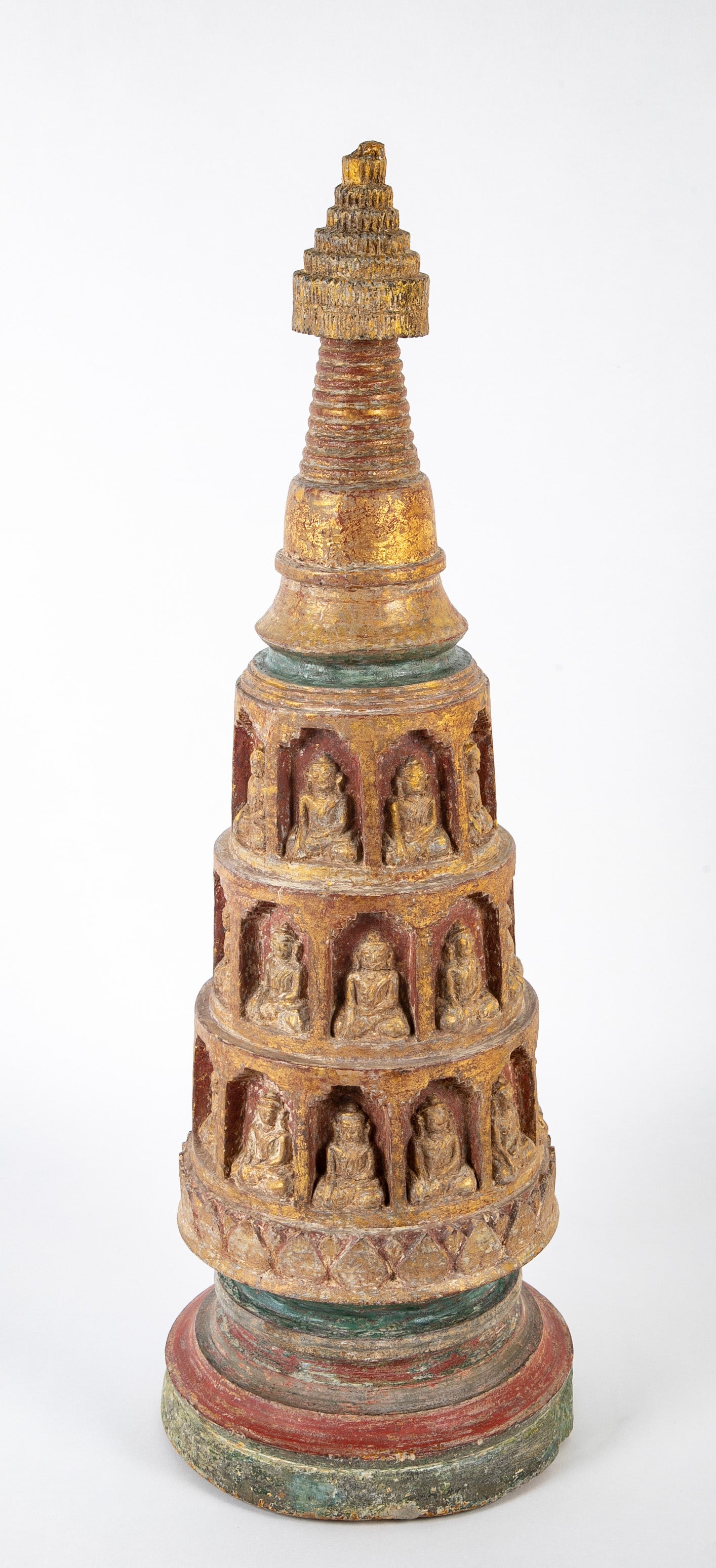 19th Burmese Carved and Giltwood Stupa with Buddhas in Niches