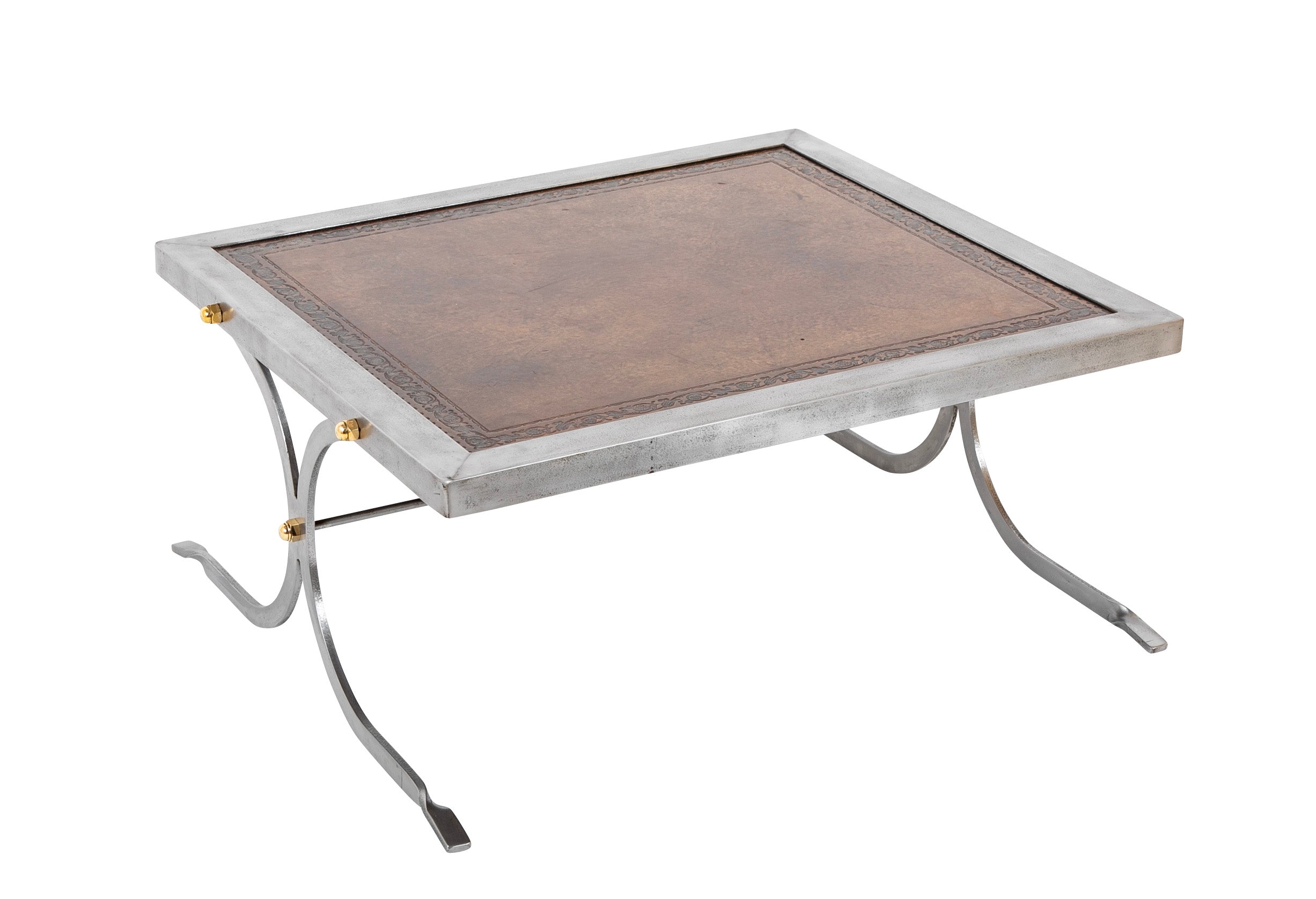 French Maison Jansen Style Polished Steel, Brass and Leather Coffee Table