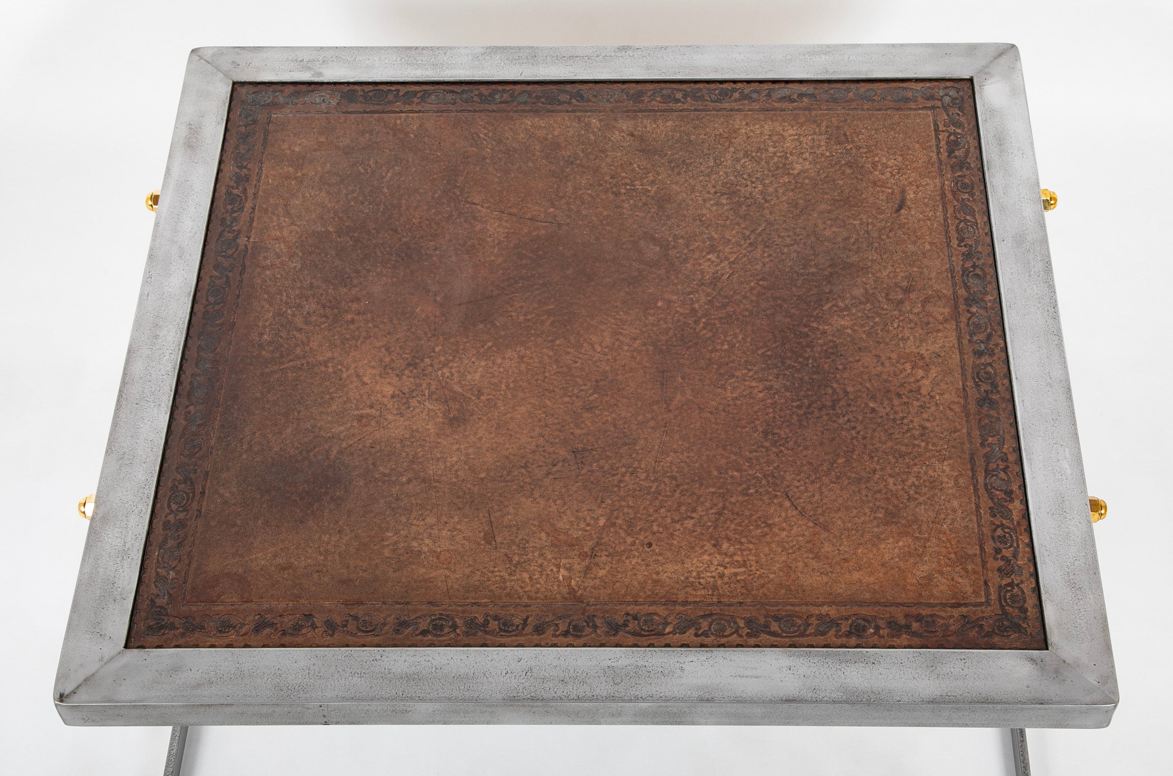 French Maison Jansen Style Polished Steel, Brass and Leather Coffee Table
