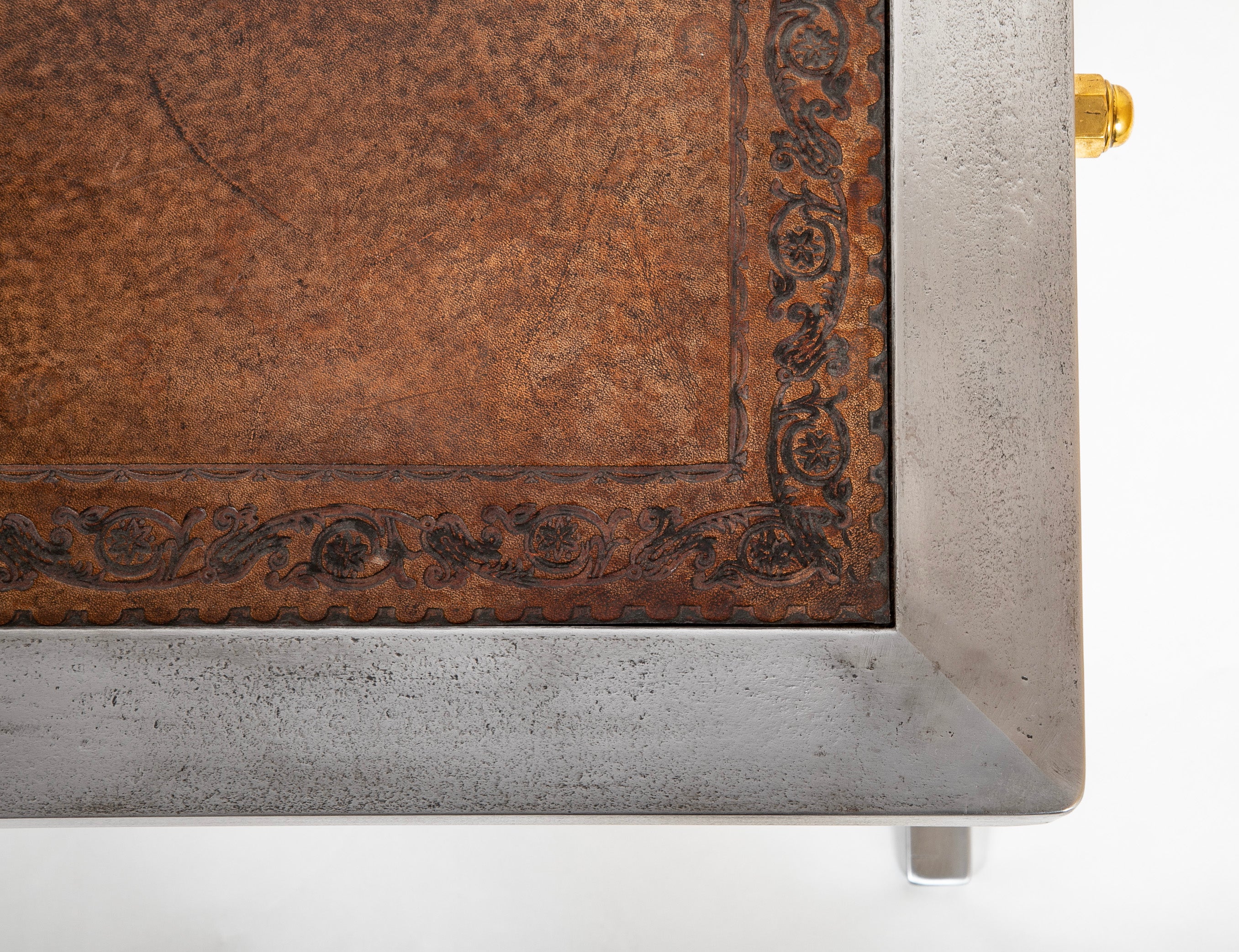 French Maison Jansen Style Polished Steel, Brass and Leather Coffee Table