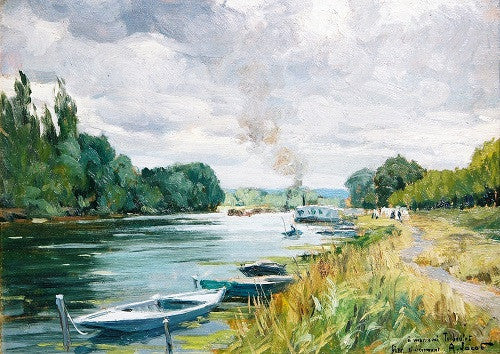 Alexandre JACOB (French, 1876-1972) A River Landscape with barges Circa 1890