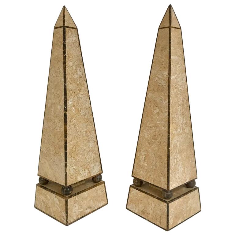 Pair of Obelisks with Travertine and Marble Veneer Attributed to Maitland Smith