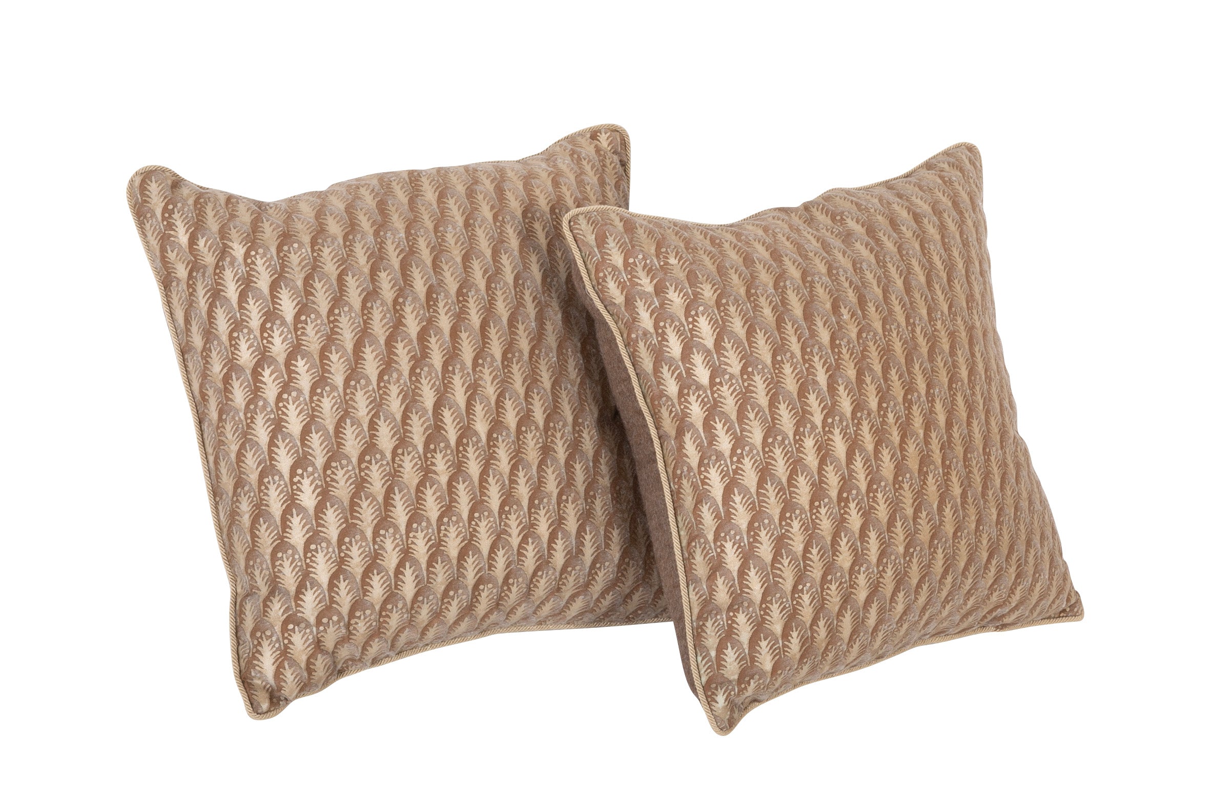 A Pair of Fortuny Tobacco Color Plumette Pattern Pillows - Priced Individually