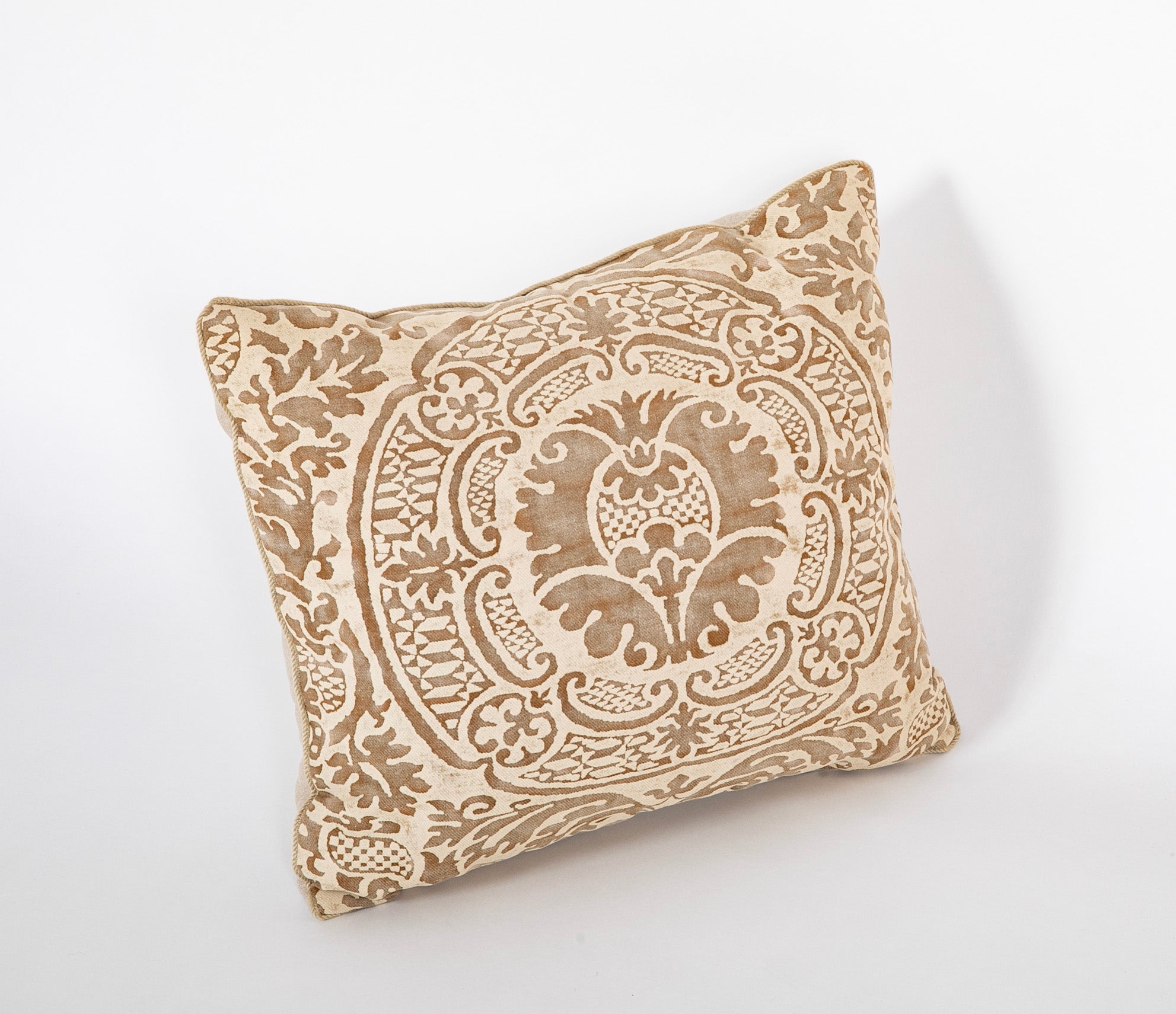 Contemporary Pillow in Fortuny Cream & Brown Orsini Pattern Fabric