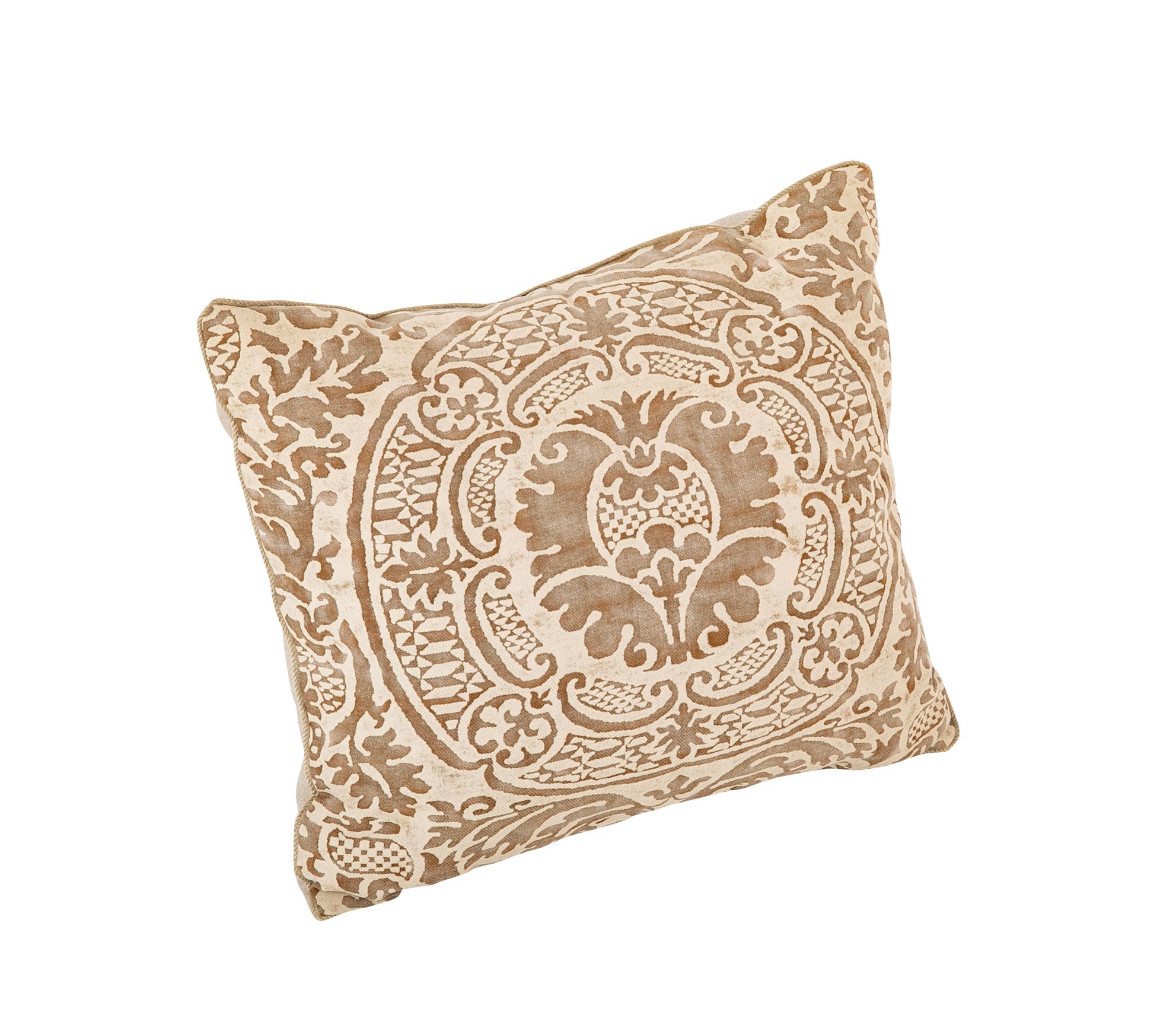 Contemporary Pillow in Fortuny Cream & Brown Orsini Pattern Fabric