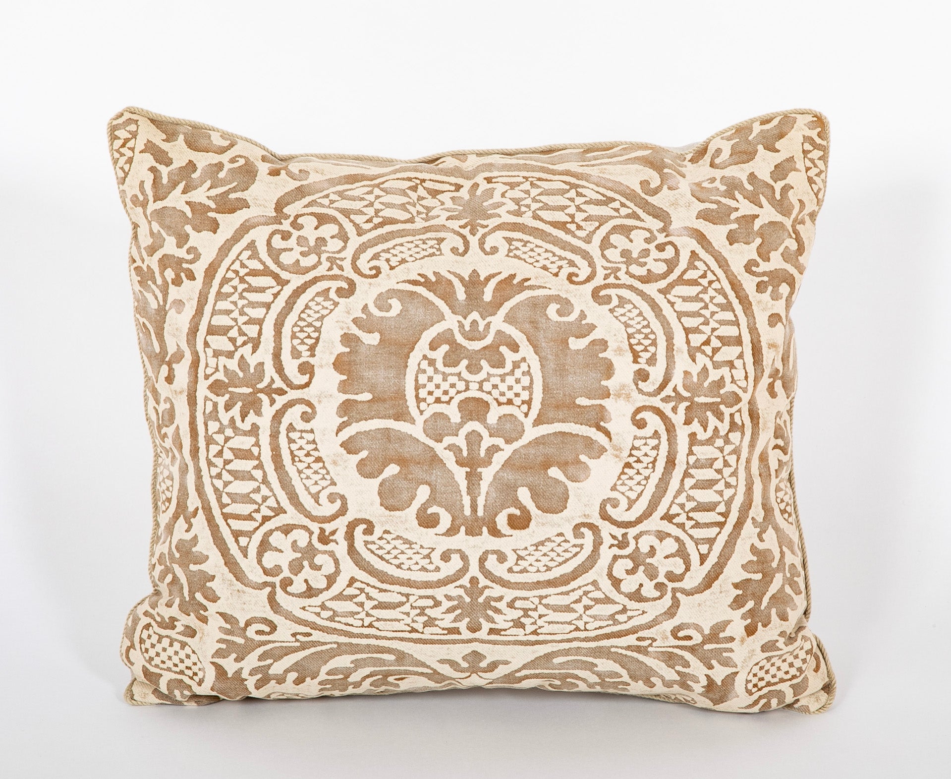Contemporary Pillow in Fortuny Cream & Brown Orsini Pattern Fabric