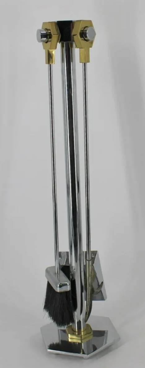 A Hexagonally Themed Set of Brass and Chrome Firetools