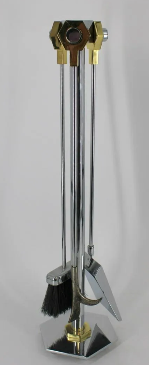 A Hexagonally Themed Set of Brass and Chrome Firetools