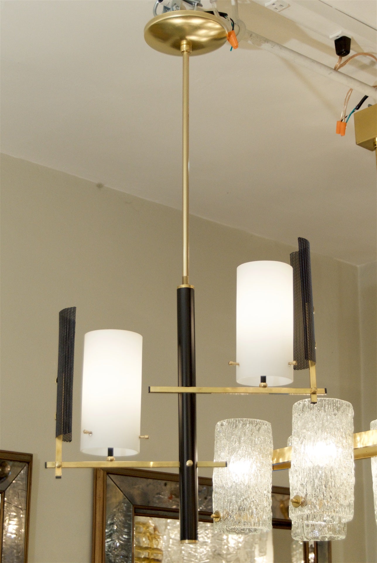 Brass and Black Enamel Pendant with Opal Covers in the Style of Stilnovo