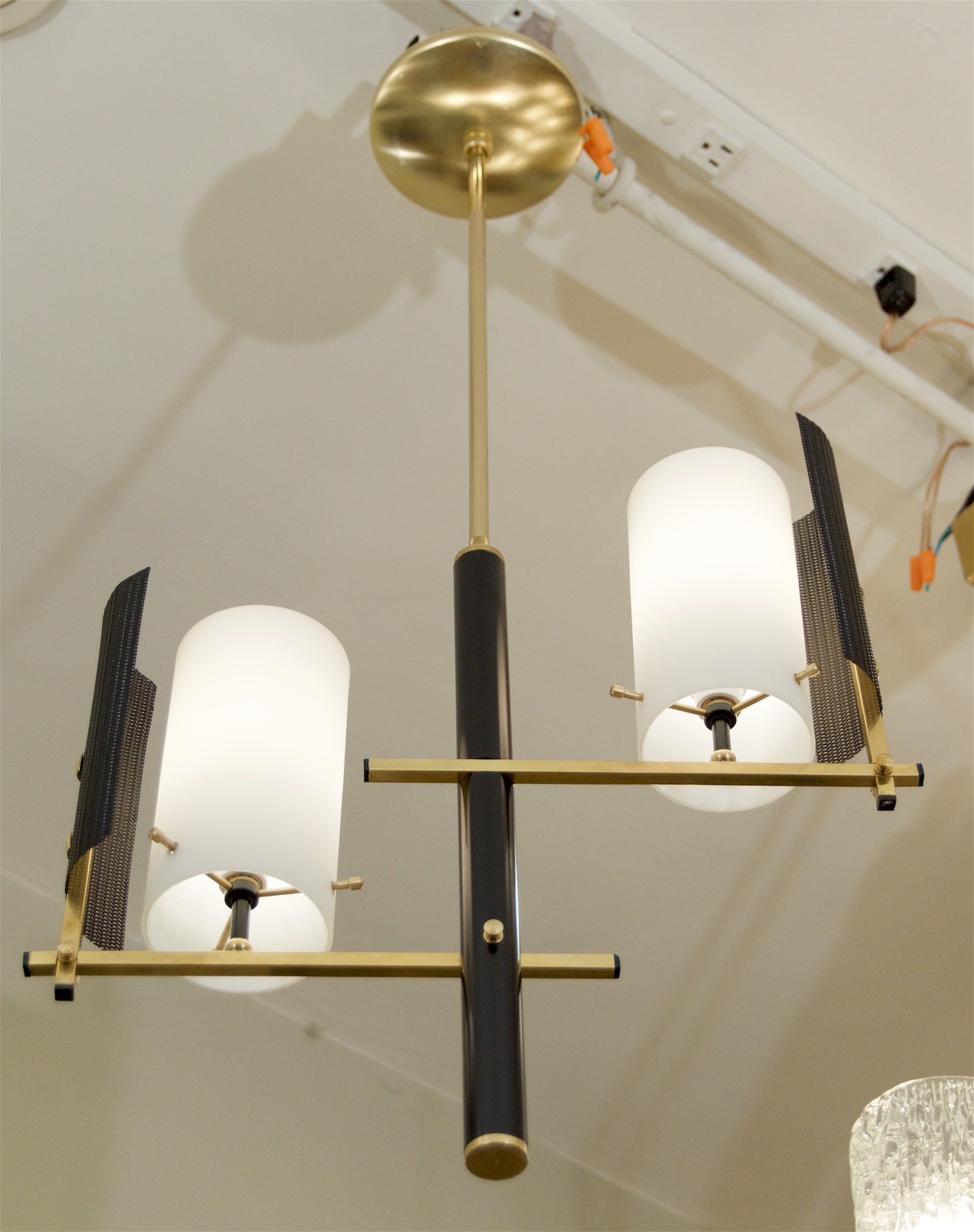 Brass and Black Enamel Pendant with Opal Covers in the Style of Stilnovo