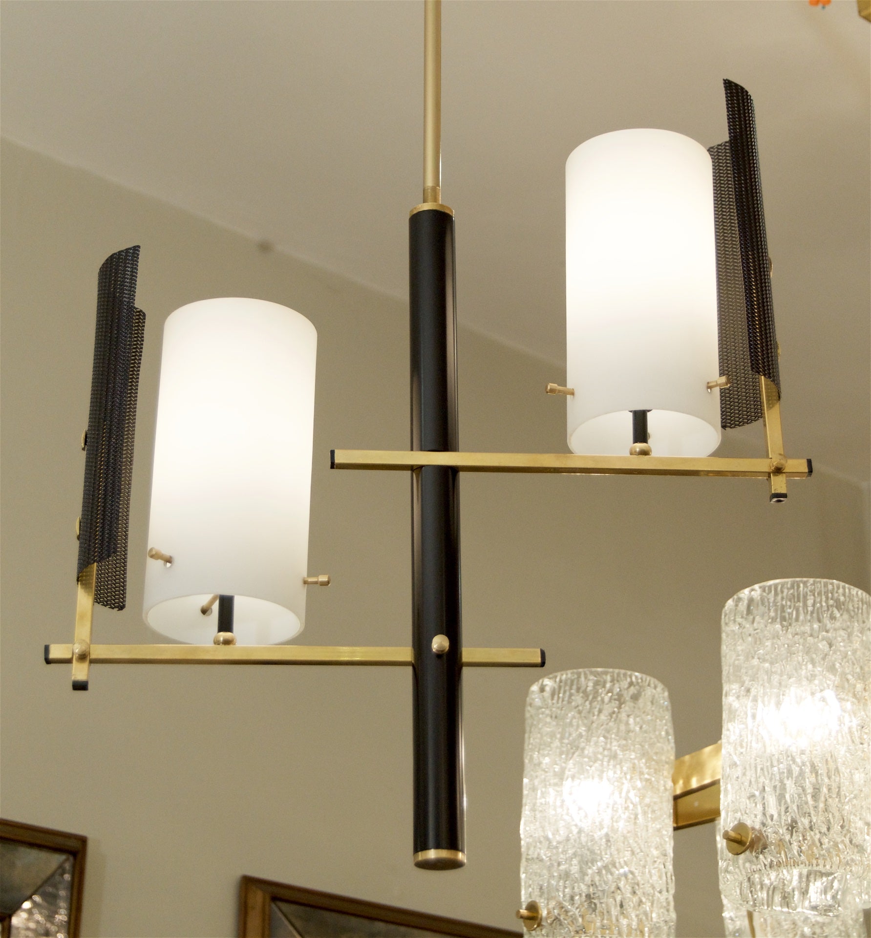 Brass and Black Enamel Pendant with Opal Covers in the Style of Stilnovo