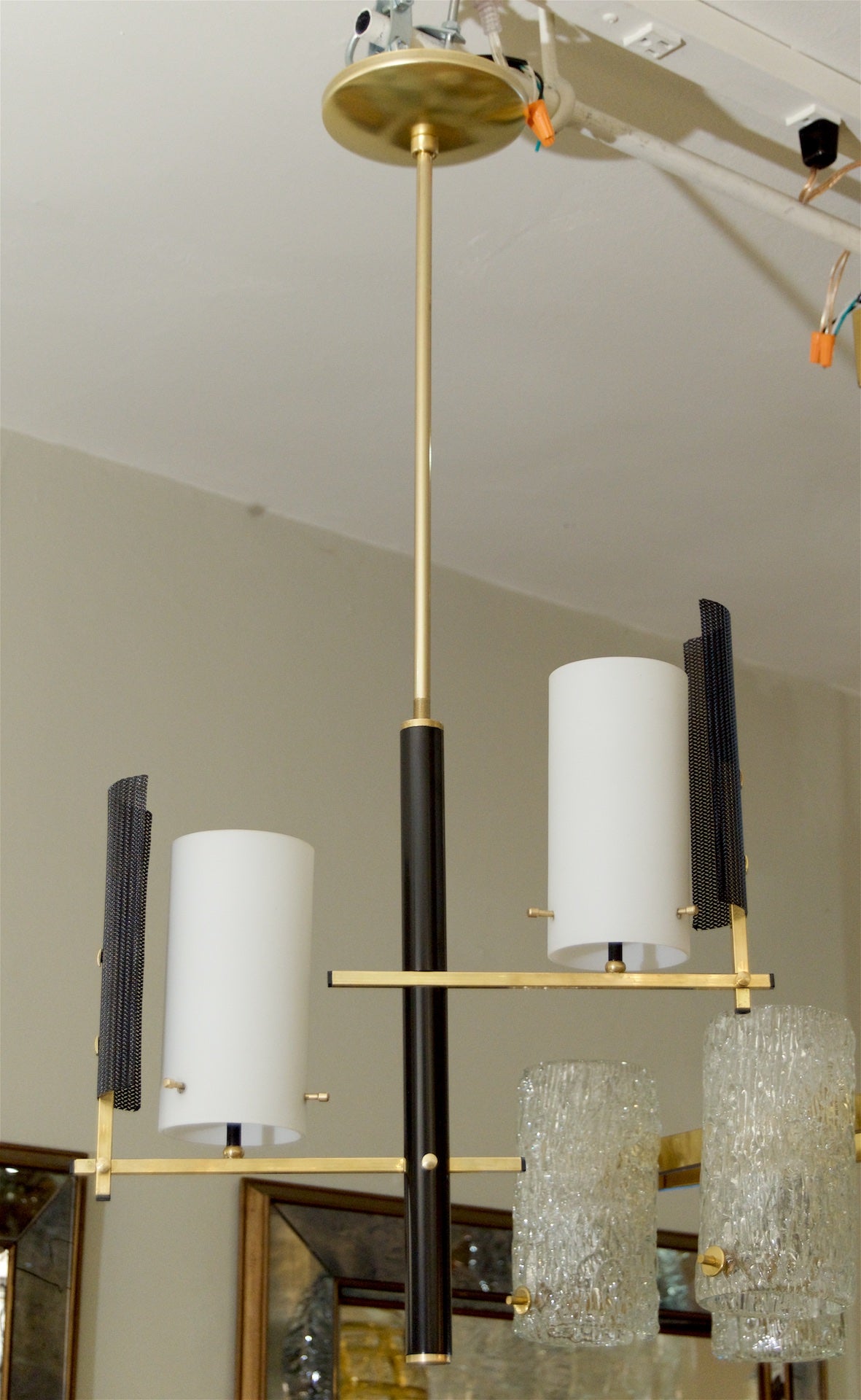 Brass and Black Enamel Pendant with Opal Covers in the Style of Stilnovo