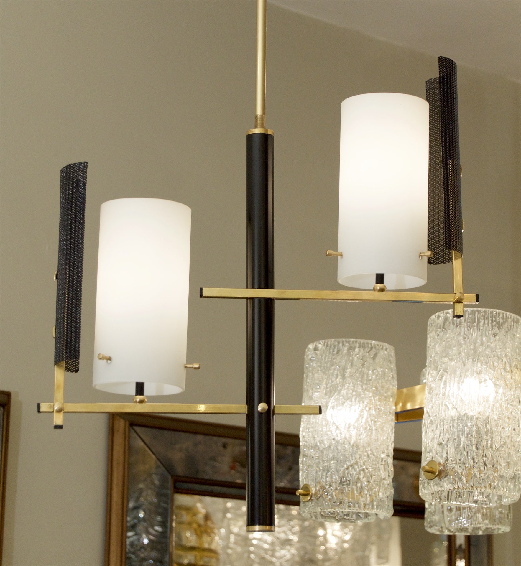 Brass and Black Enamel Pendant with Opal Covers in the Style of Stilnovo