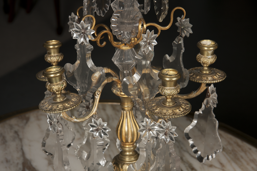 Pair Louis XV Bronze and Crystal Candelabra