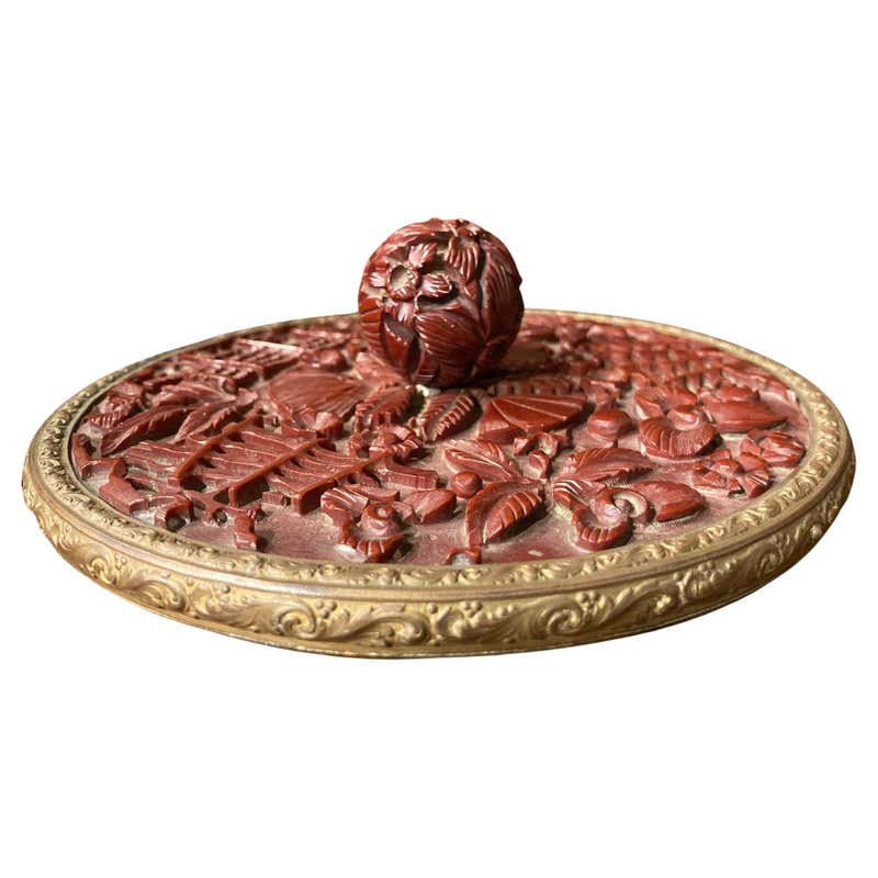 Chinese Carved Cinnabar and Brass Hand Mirror