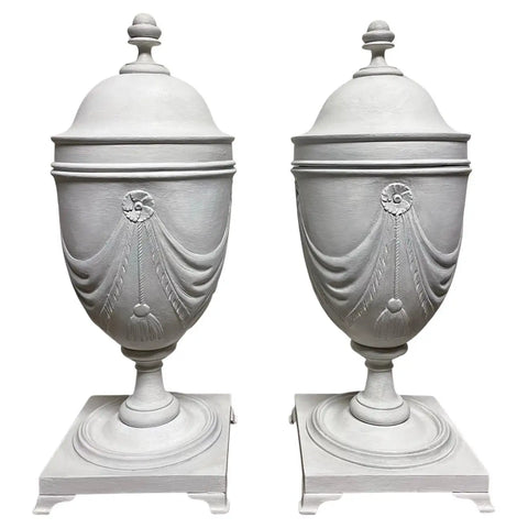 Pair Neoclassical Style Gray Painted Mahogany Urns