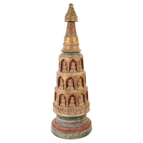 19th Burmese Carved and Giltwood Stupa with Buddhas in Niches