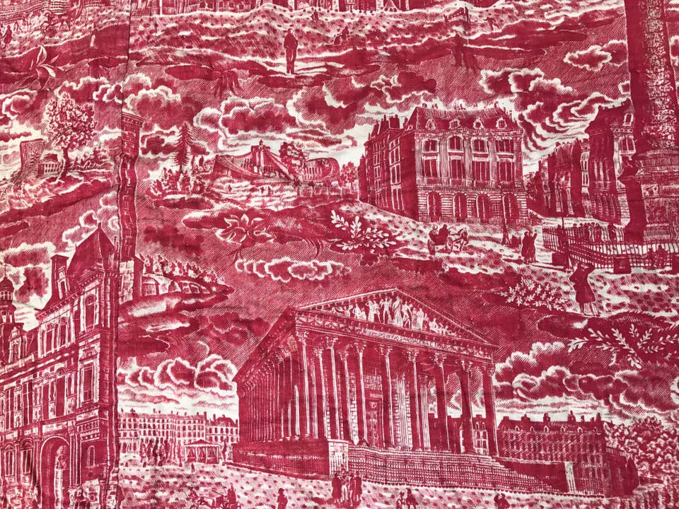 French Toile de Jouy Red and White Textile, Monuments of Paris