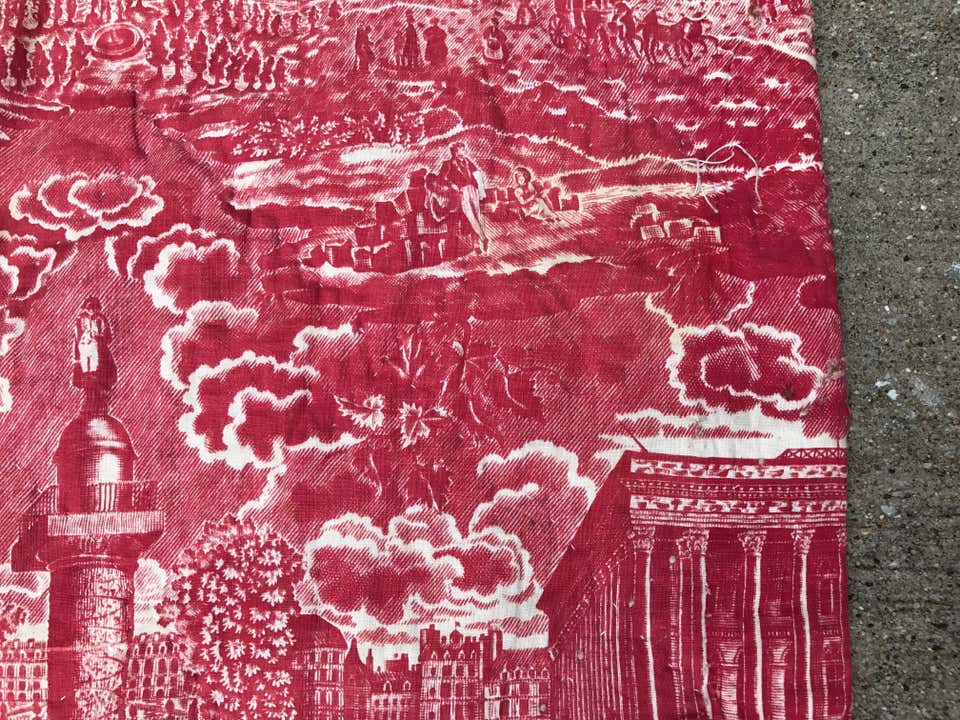 French Toile de Jouy Red and White Textile, Monuments of Paris