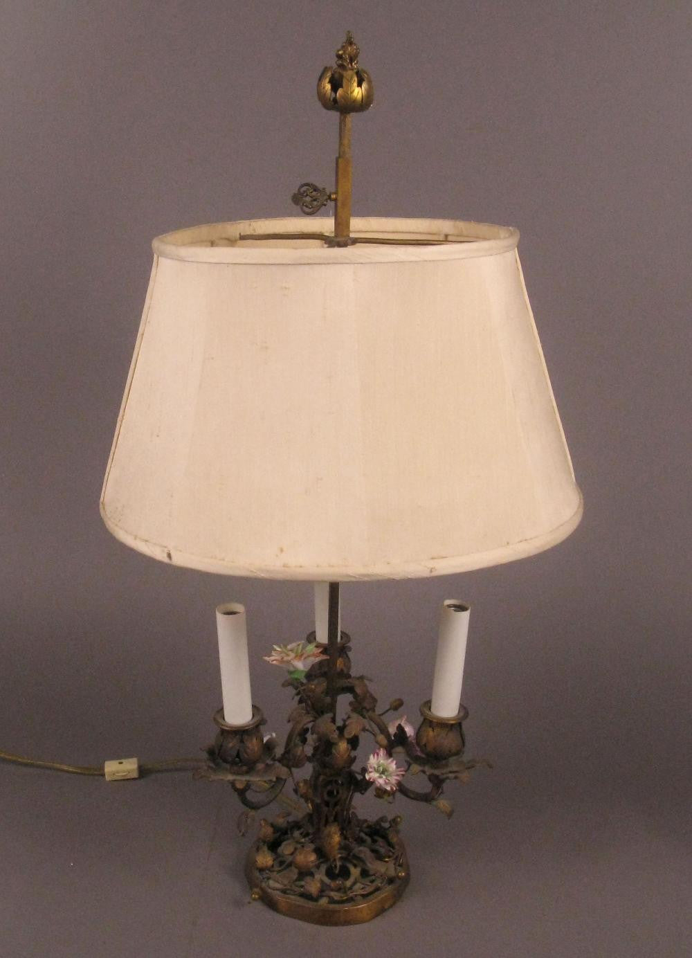 Bronze Bouillotte Lamp with Porcelain Flowers