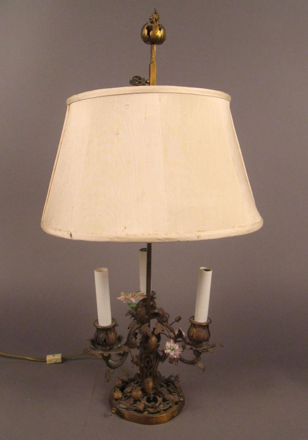 Bronze Bouillotte Lamp with Porcelain Flowers