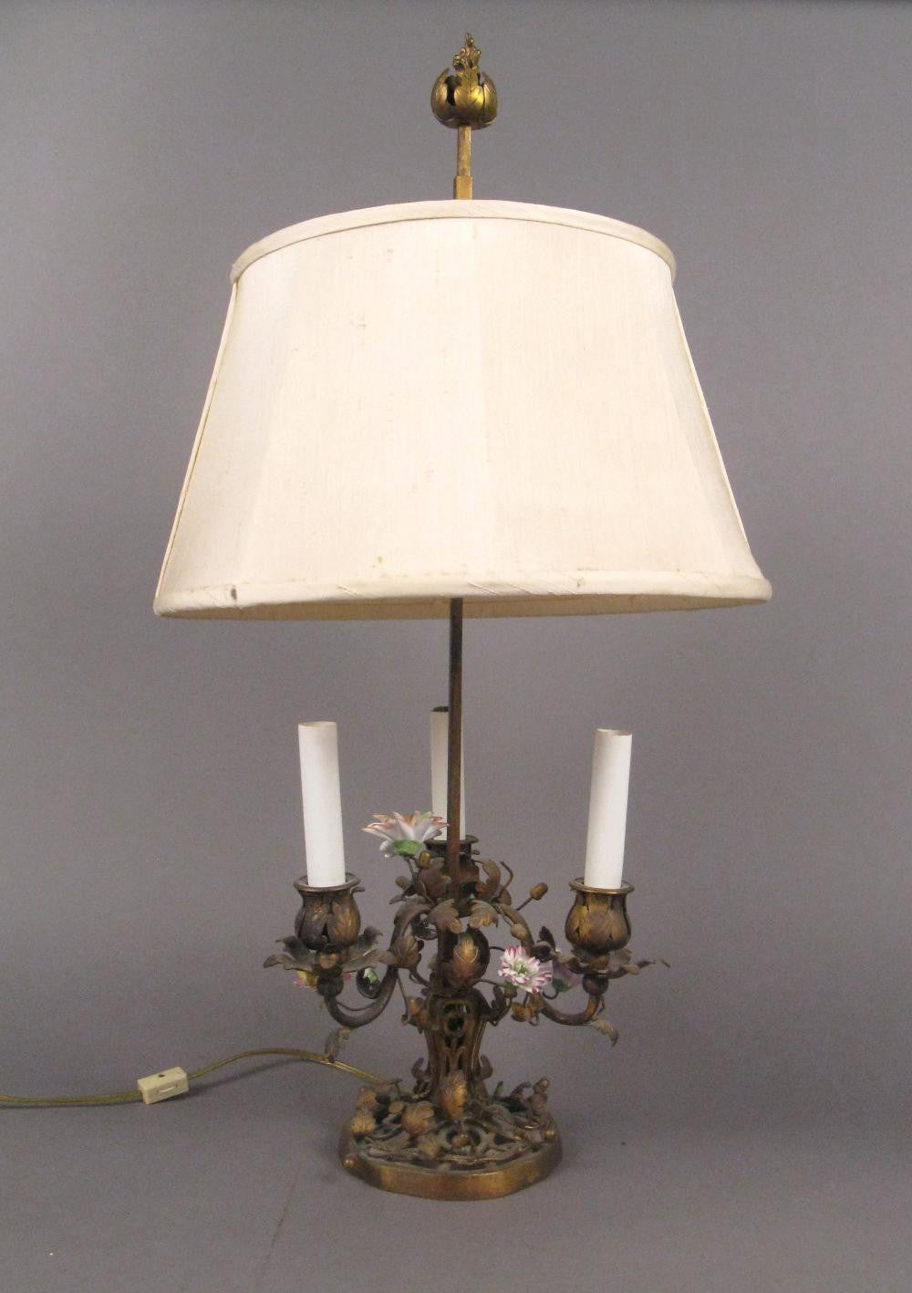 Bronze Bouillotte Lamp with Porcelain Flowers