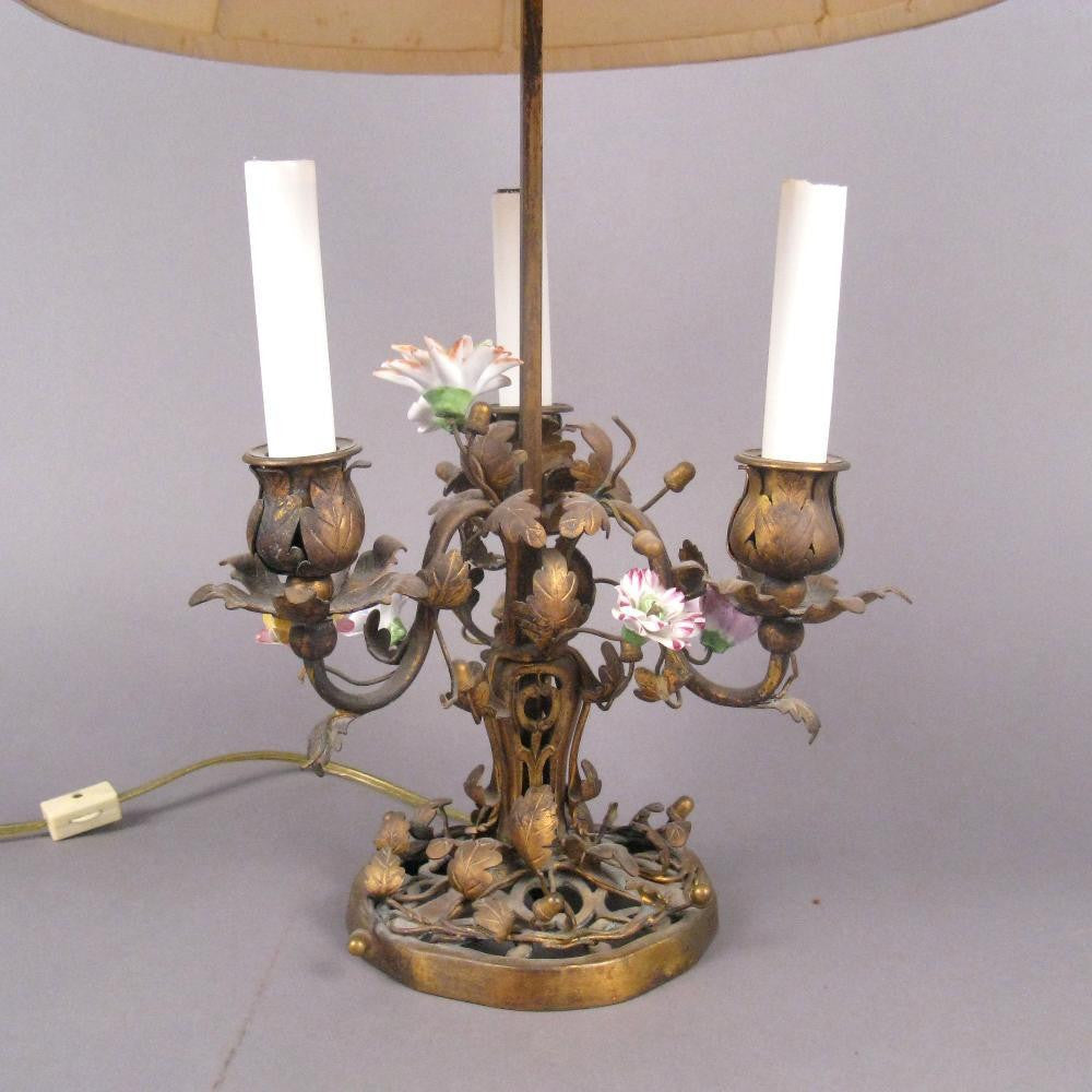Bronze Bouillotte Lamp with Porcelain Flowers