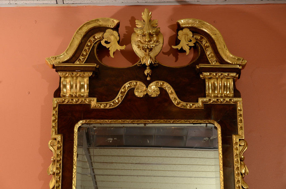 George II Walnut and Gilt Scroll Top Mirror