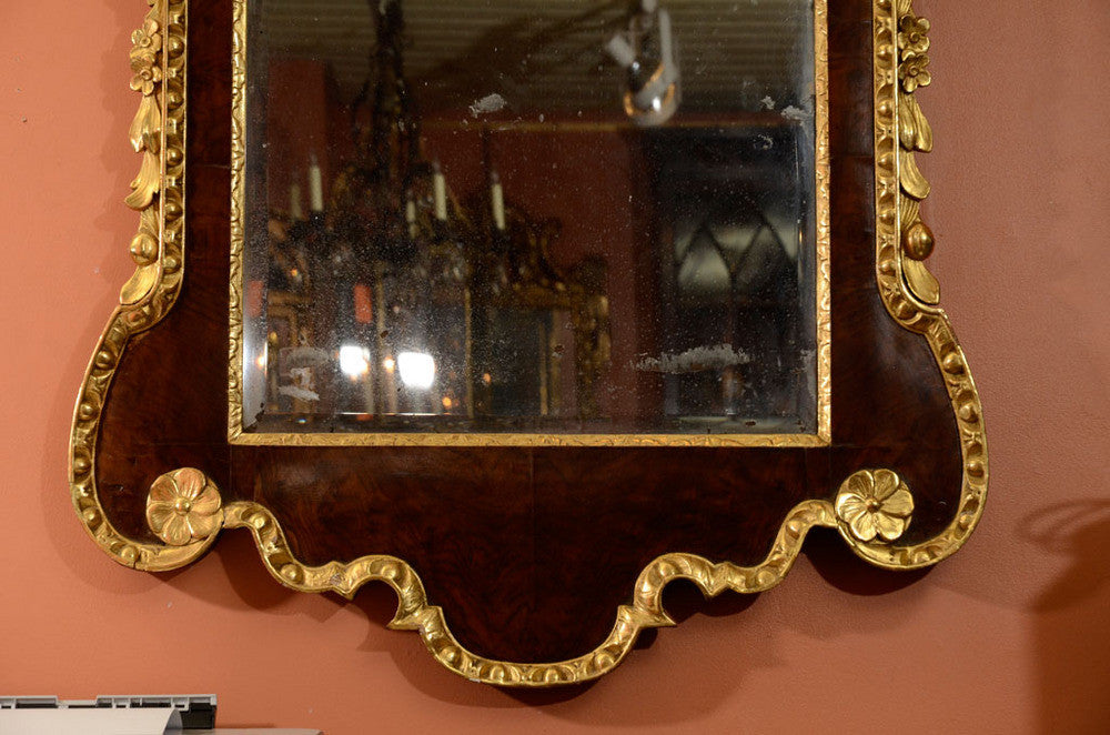 George II Walnut and Gilt Scroll Top Mirror