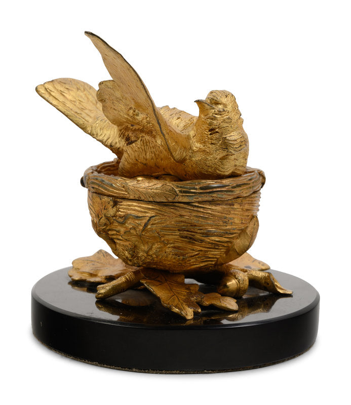 A Gilt Bronze Ink Stand Depicting a Bird in Nest