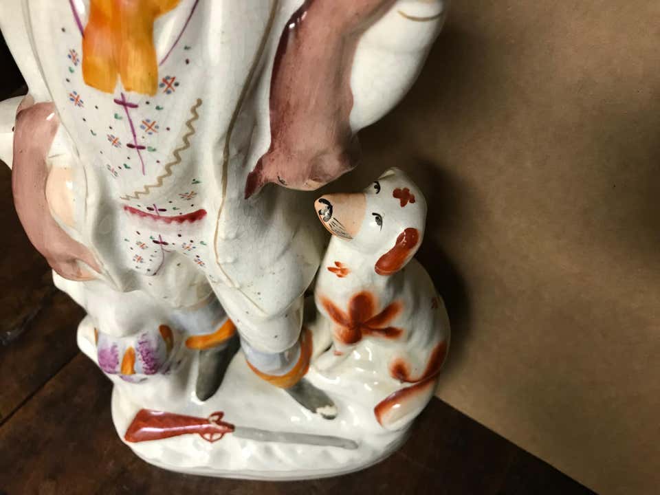 19th Century English Staffordshire Hunter with Dog, Rabbits and Game