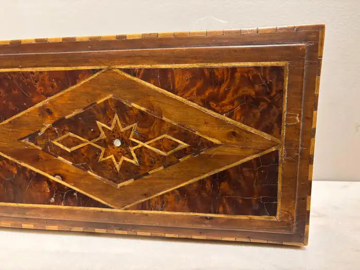 19th Century Burl Wood Box With Fruit Wood and Mother of Pearl Inlay