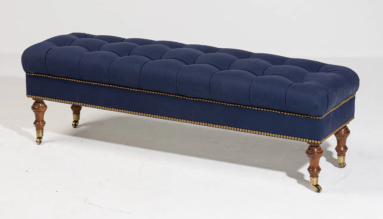 Edward Ferrell Blue Tufted Ottoman Bench,