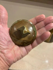 Italian Agate Hard Stone Round Box with Lid and Brass Mounts