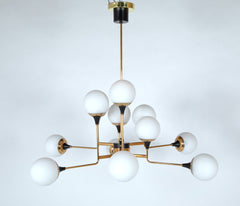 Stilnovo Attributed Brass & Glass Chandelier