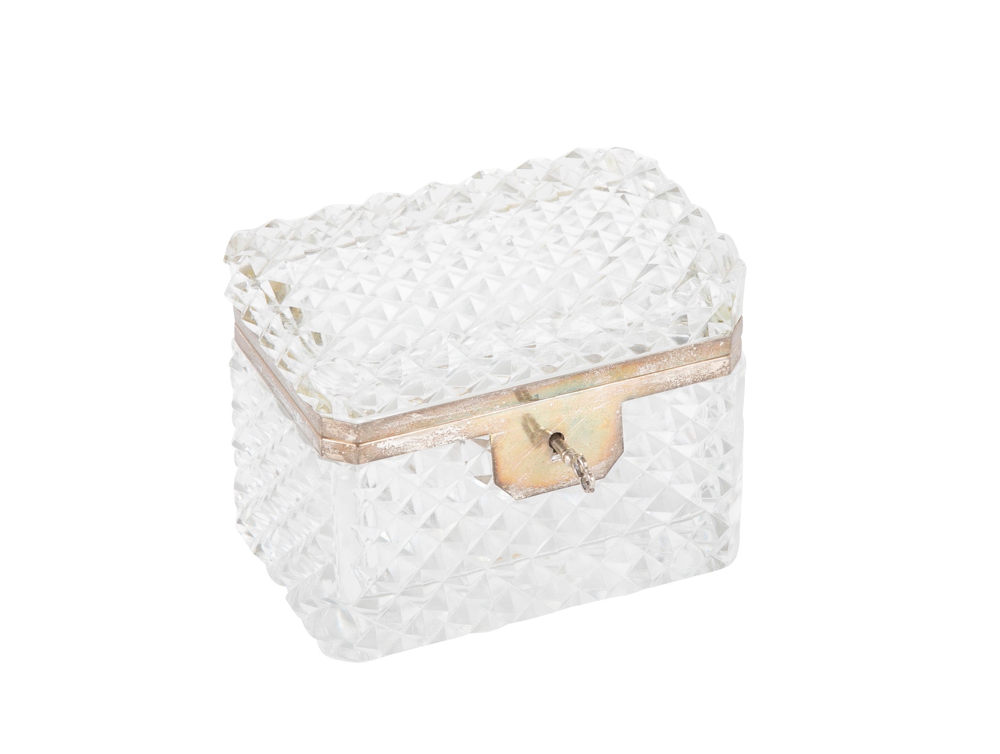 A Cut Crystal Box with Silvered Bronze Mounts and Key