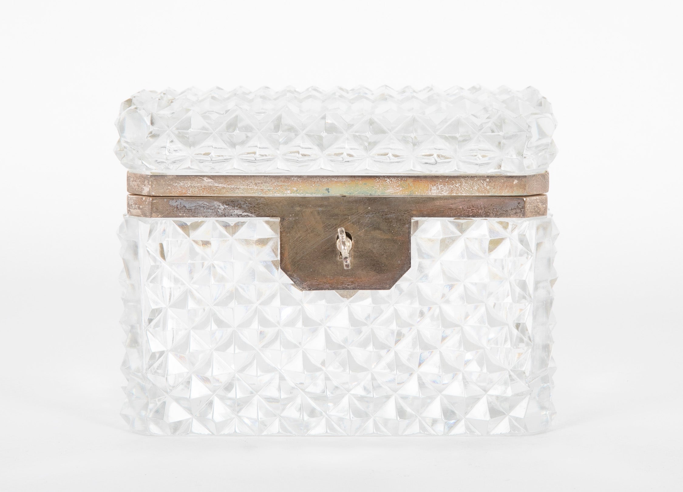 A Cut Crystal Box with Silvered Bronze Mounts and Key