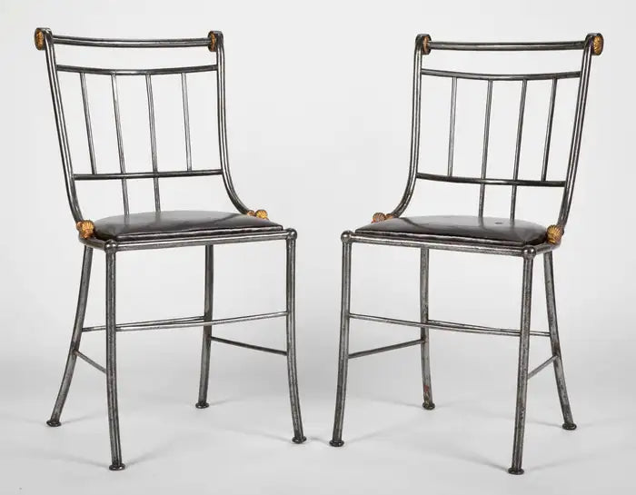 Set of Four French Steel and Gilt Metal Hall Chairs