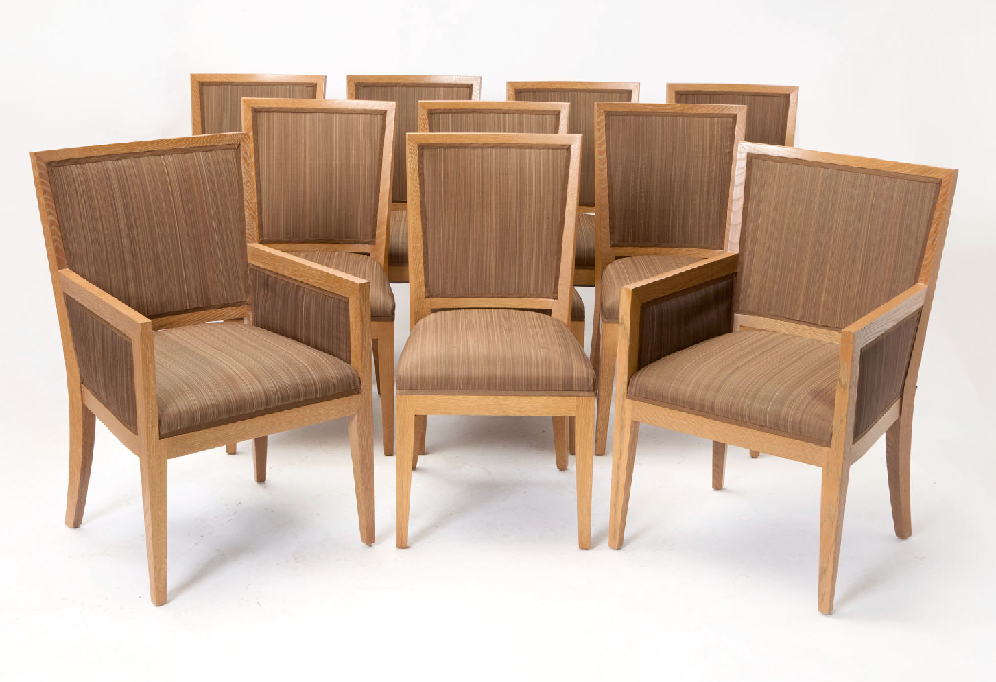 Set of Ten Upholstered Oak Dining Chairs In The Manner of Jean Michele Frank