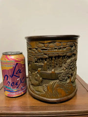 Chinese Bamboo Calligraphy Brush Holder Carved with Scholars in a Garden