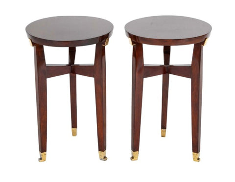 Pair of Round Mahogany Side Tables Attributed to Jacques Quinet