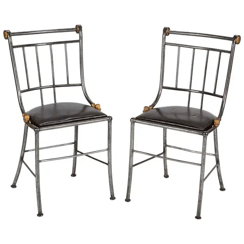 Set of Four French Steel and Gilt Metal Hall Chairs