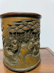 Chinese Bamboo Calligraphy Brush Holder Carved with Scholars in a Garden