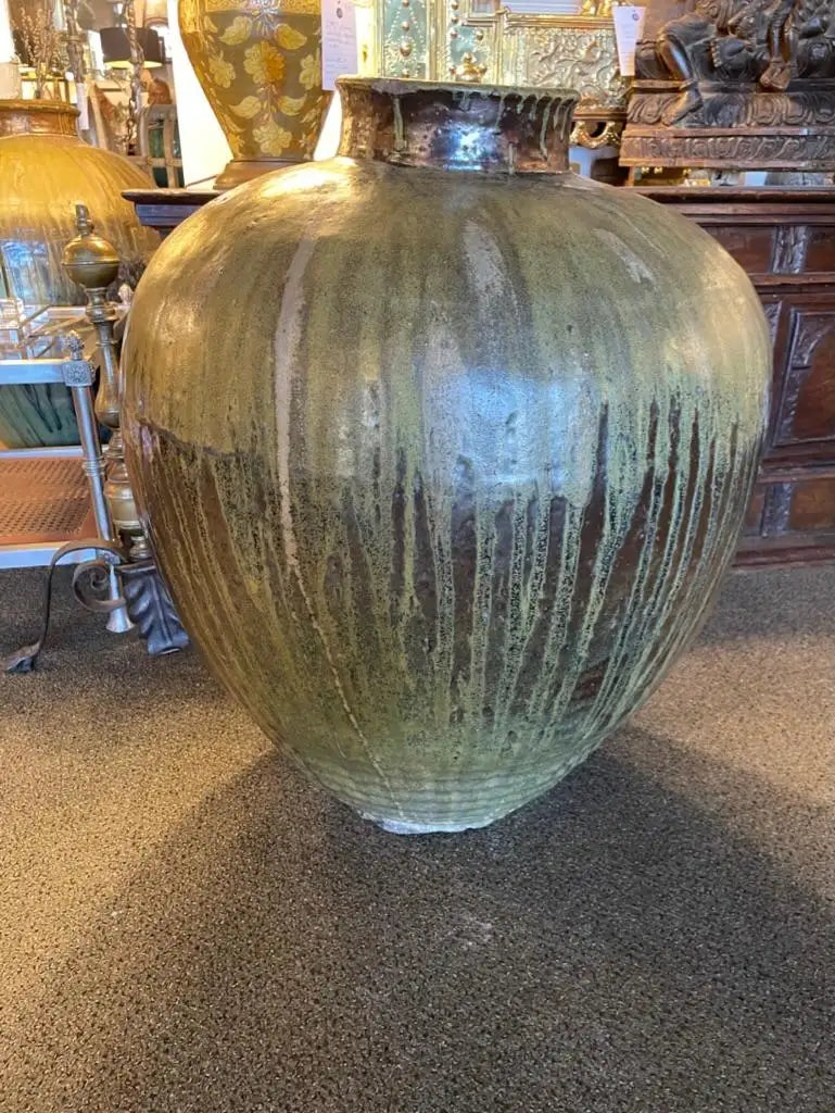 19th Century Japanese Green Glazed Ceramic Storage Jar, Large Scale